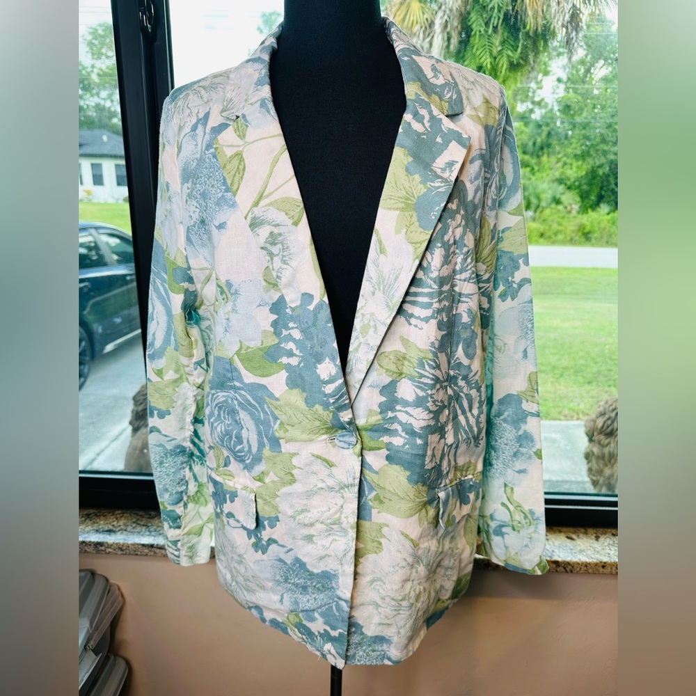 Joie 100% Linen Blue Green Floral Print Blazer Size XL